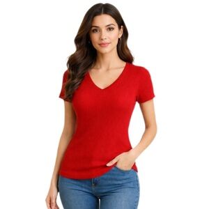 St. John’s Bay Red Ribbed V-Neck Short Sleeve Top Cotton Stretch — Size M